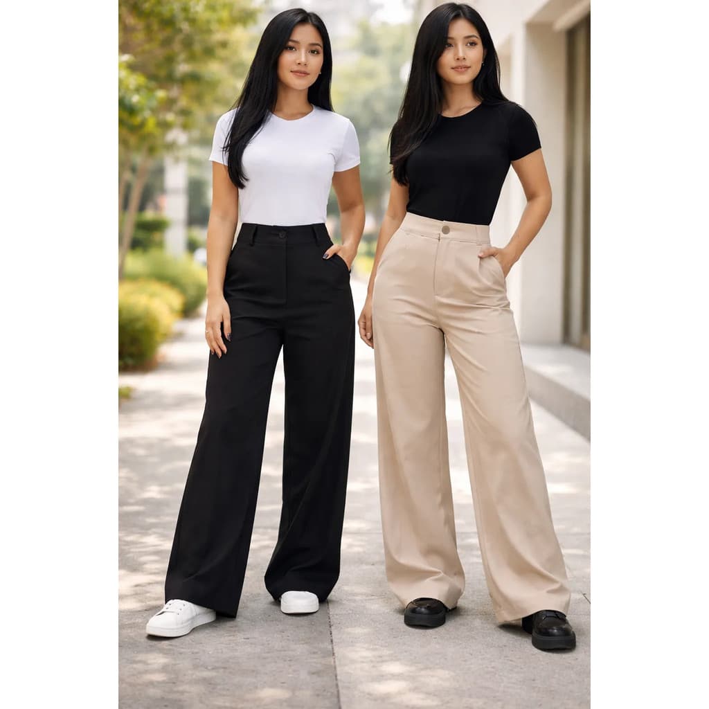 Kit 2 Calças Feminina Botão Cintura Alta Pantalona Premium