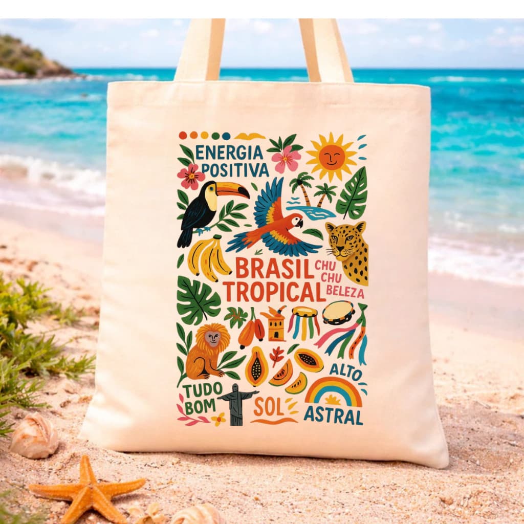 Bolsa Sacola Ecobag Ecológica Estampada 100% Algodão Brasil Tropical Estilo Praia e Dia a Dia