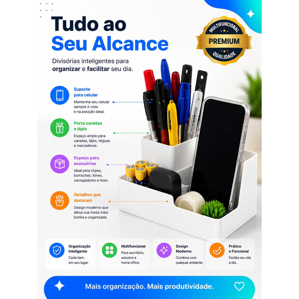 Organizador Mesa Porta Canetas Multifuncional Suporte Celular Preto Branco Home Office Moderno