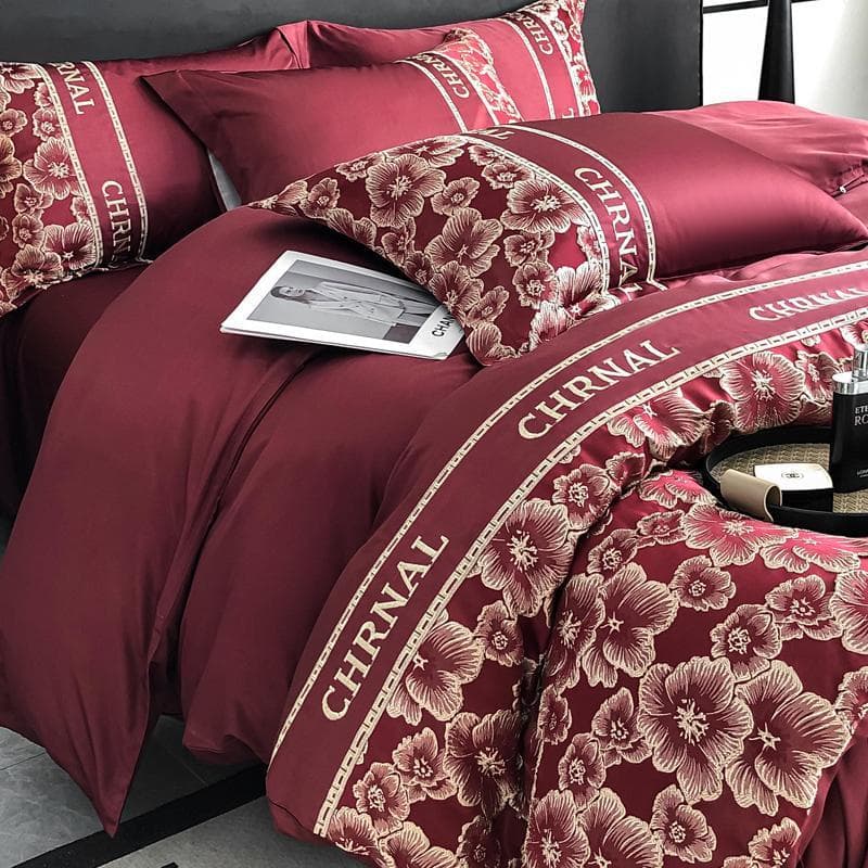 2025 novo estilo verão luz estilo de luxo lavado gelo seda quatro peças conjunto vermelho dote colcha capa cama casament