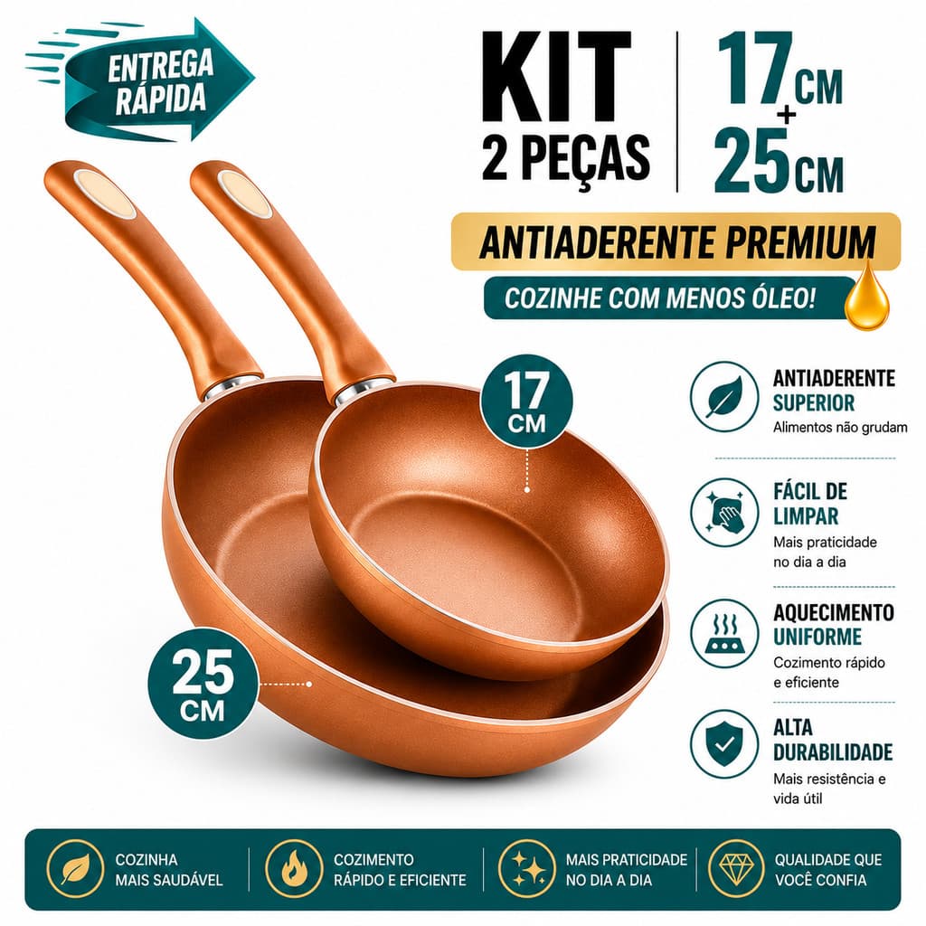 2 Peças Frigideira 17cm e 25cm Antiaderente Premium tonalidade Cobre Revestimento Cerâmico
