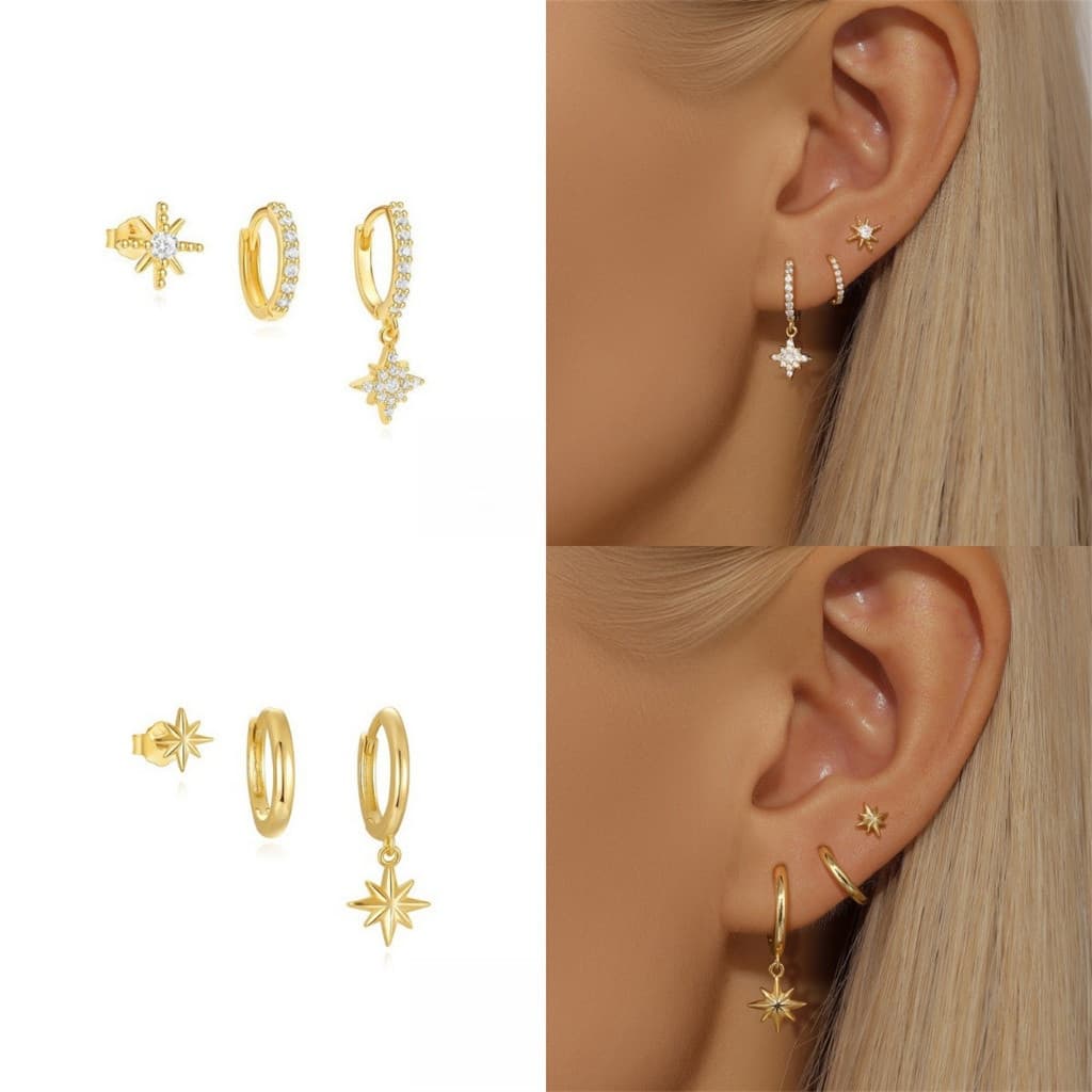 Conjunto de 3 brincos redondos em aço inoxidável, estilo feminino, brincos pendentes banhados a ouro 18K, estilo punk, u