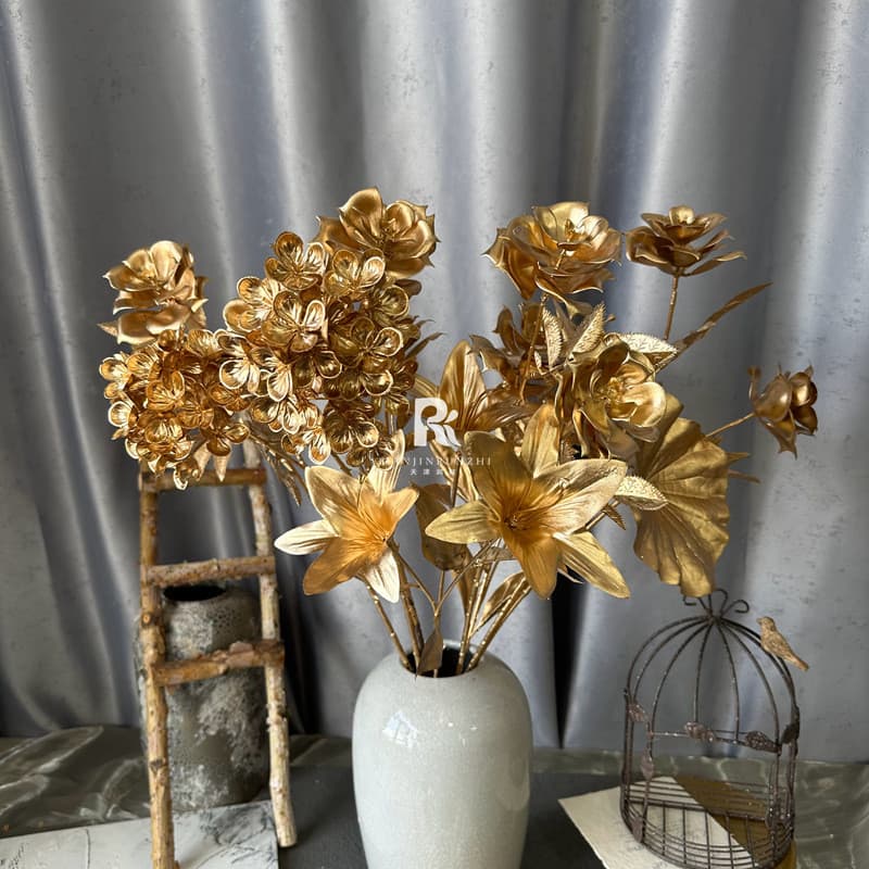 Flor de véspera de ano novo rosa dourada decoração de sala de estar flor falsa flor de lírio balde de bênção de ano novo