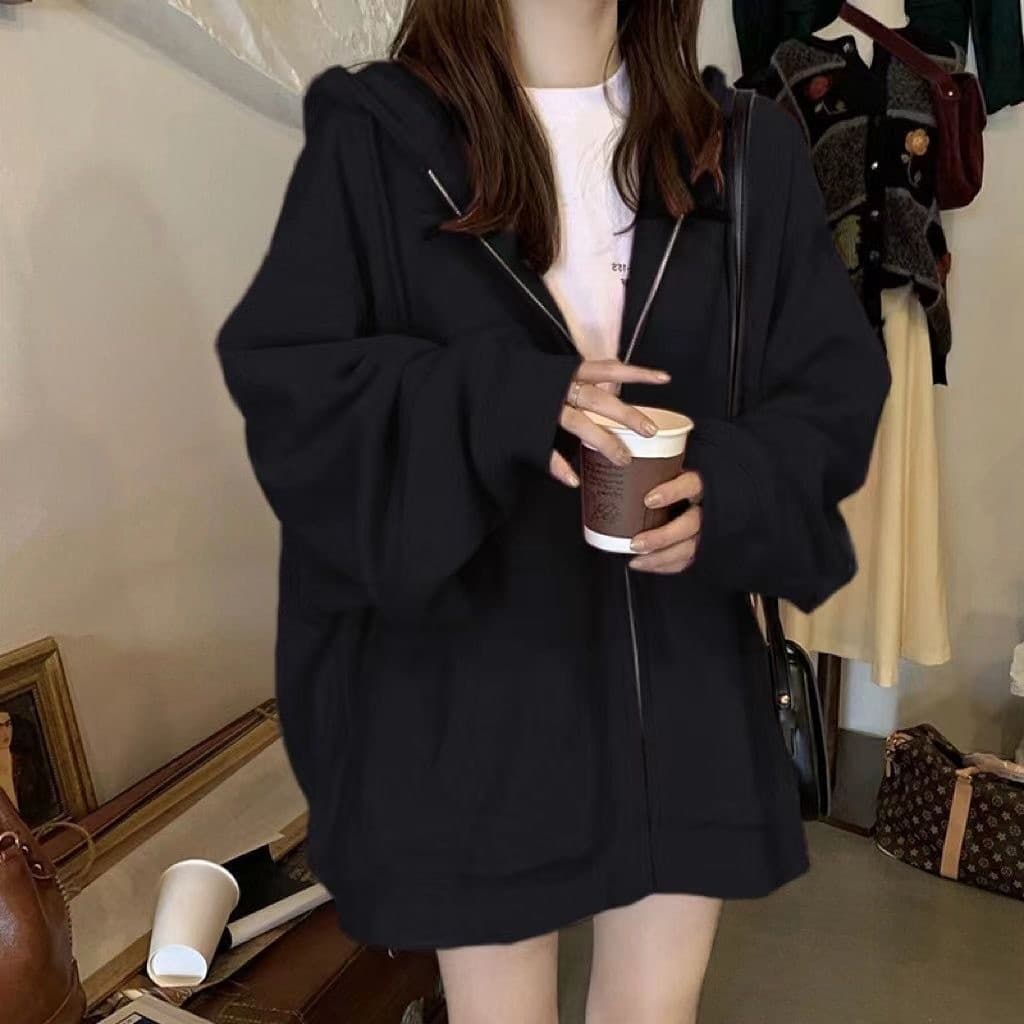 2026 primavera outono novo estilo preto moletom com capuz feminino solto estilo preguiçoso forro de lã chique nicho jaqu