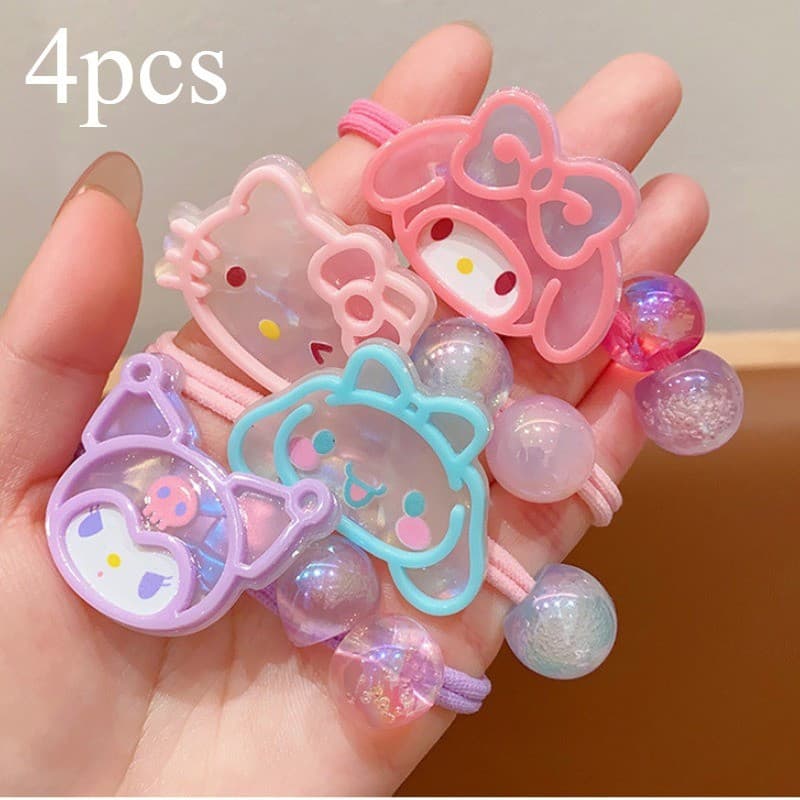 Conjunto de 4 peças de elásticos de cabelo de personagens femininas da Sanrio, cordas de cabelo que não danificam, acess