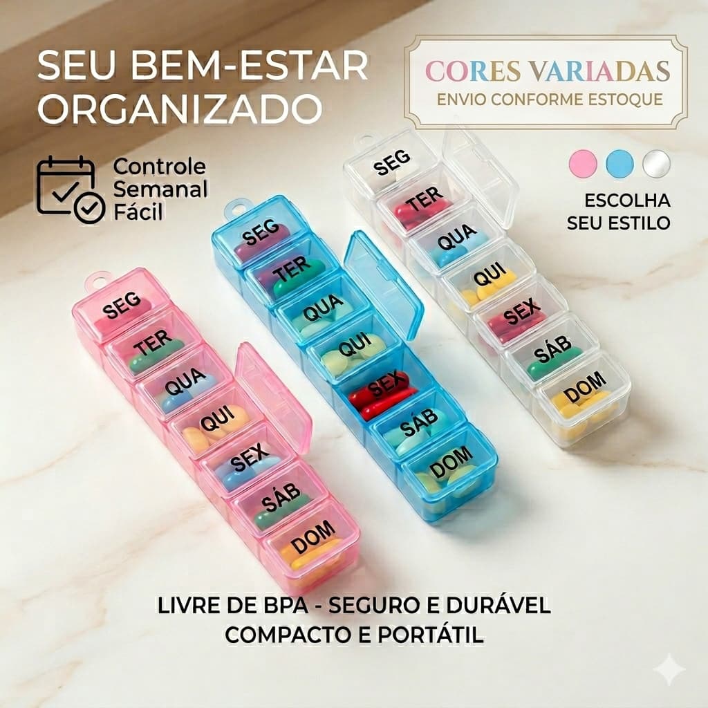 Porta Comprimidos de 7 Compartimentos - Organizador de Remédios e Suplementos