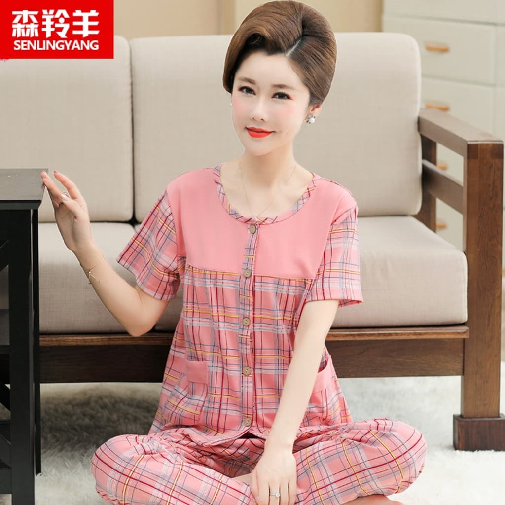 Pijamas femininos verão fino algodão terno de duas peças calças de manga curta mais gordura estilo mãe plus Size Loungew