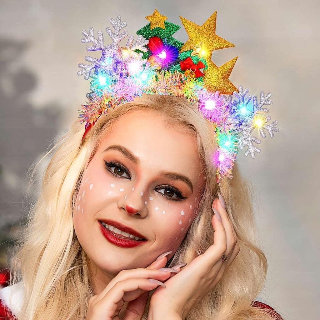 JEAIRTS Light Up Christmas Snowflake Headbands Led Christmas Tree Hair Band Light Up Star Xmas Headpiece Glowing Holiday