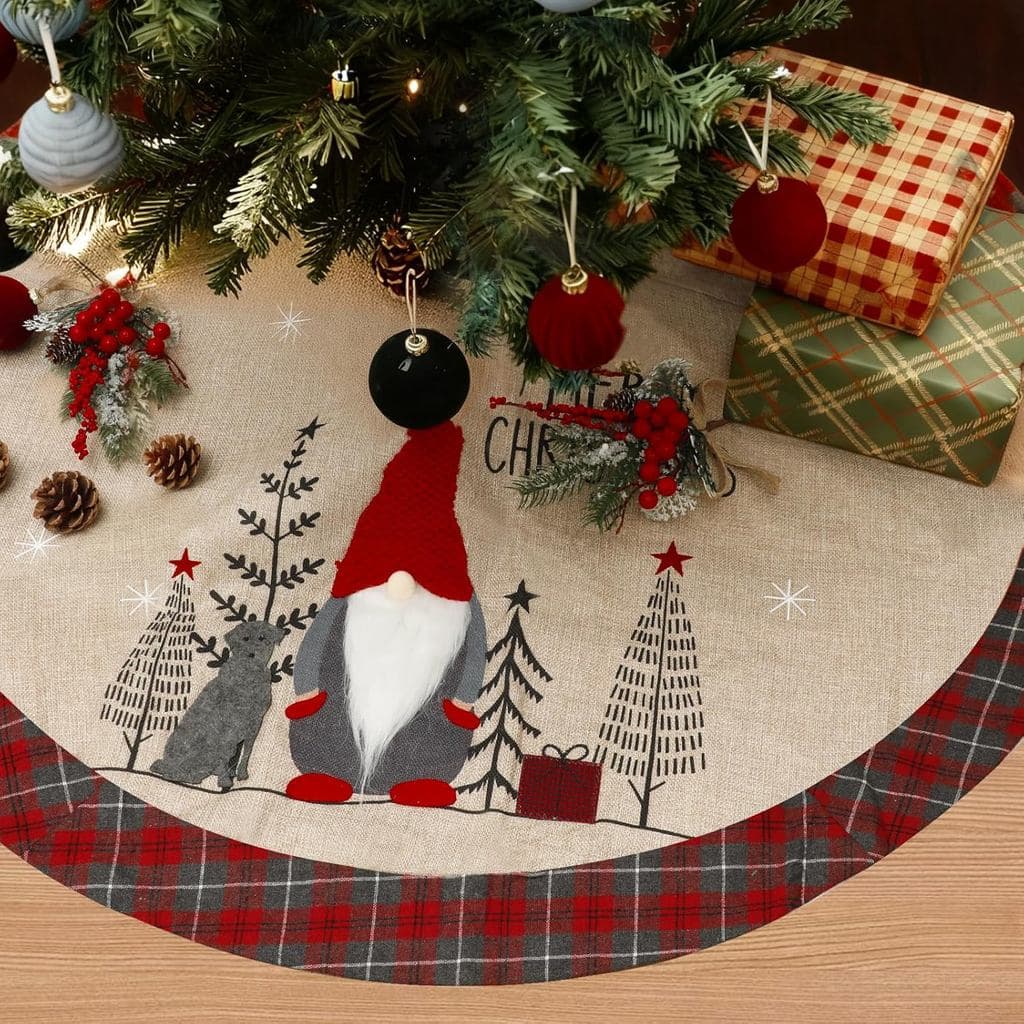 Saia para Árvore de Natal Grande de 48 Polegadas, Saia Vintage de Juta com Bordas em Xadrez Buffalo e Padrão de Papai No