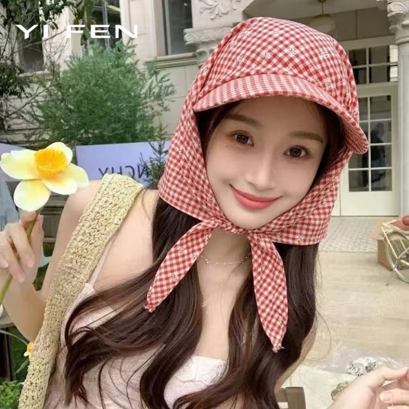 YIFEN xadrez bordado arco turbante feminino verão japonês chapéu de acampamento ao ar livre All-Match guarda-sol chapéu