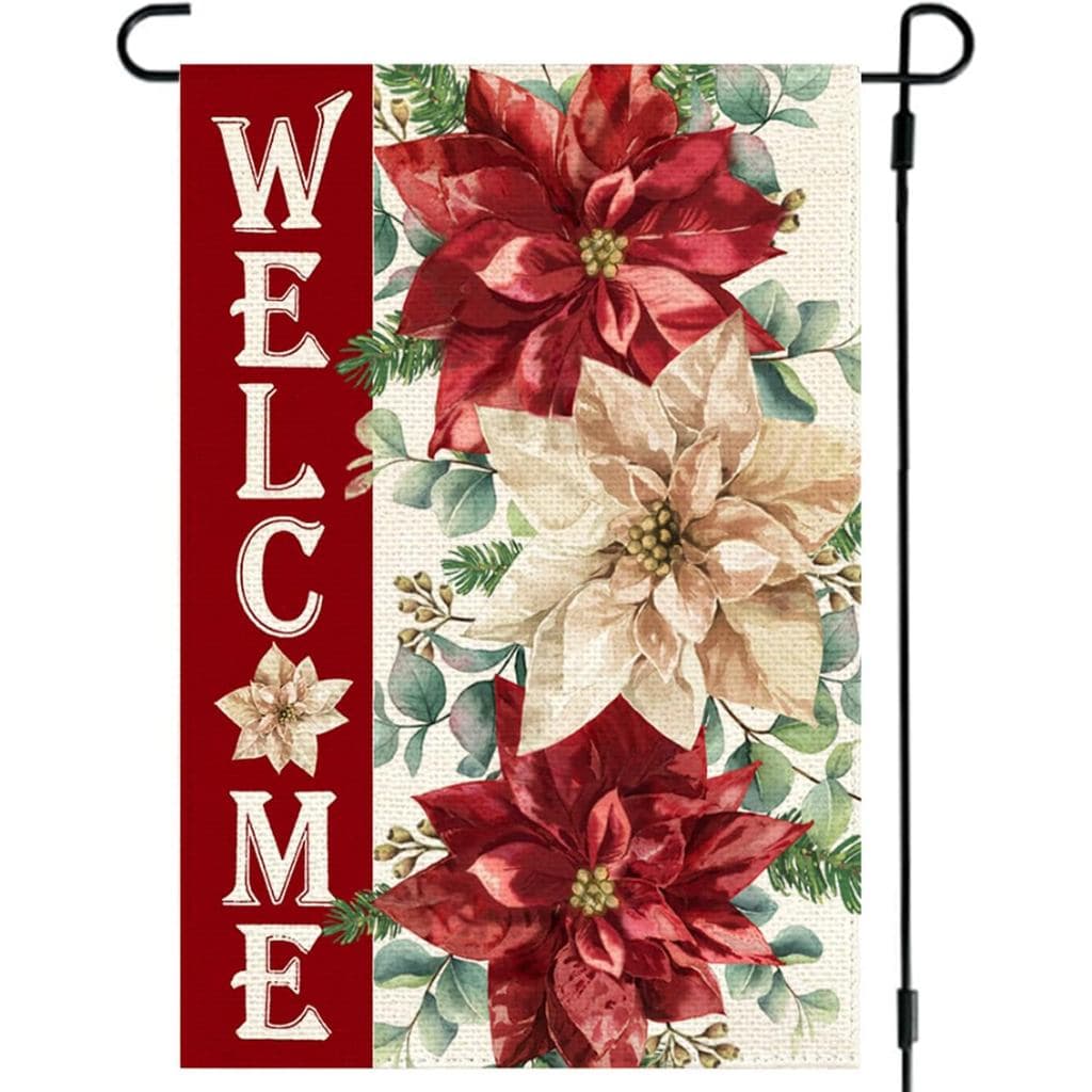 Bandeira de Jardim de Natal com Poinsétias para o Inverno, 12x18 Polegadas, Dupla Face, Decoração Externa de Boas-Vindas