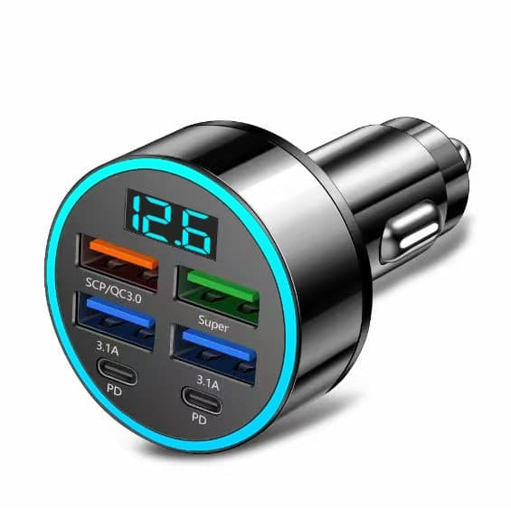 Novo Carregador de Carro P74S com Carregamento Rápido, 4 Portas USB PD de 66W e Suporte para Encosto de Cabeça para Celu