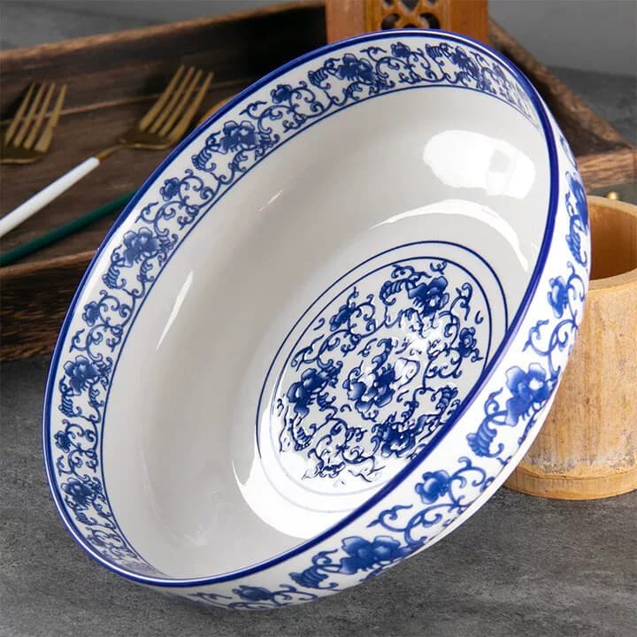 9 Polegada azul branco porcelana grande tigela de sopa cerâmica grande tigela de macarrão instantâneo grande doméstico p
