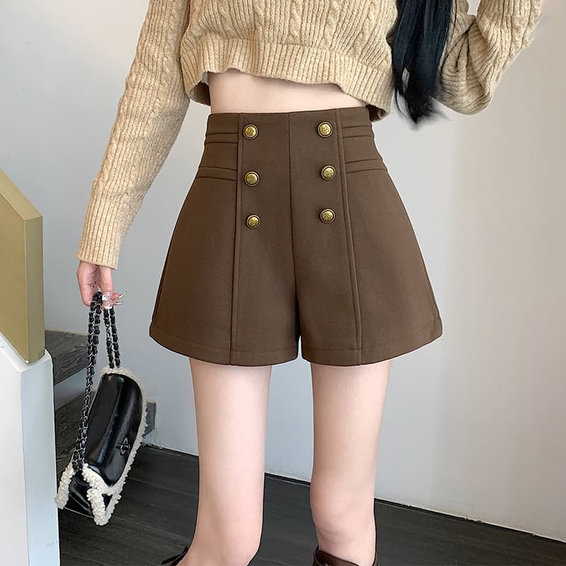Cor café shorts de lã feminino outono inverno a linha cintura alta perna larga 2025 novo estilo exterior usar pequeno te