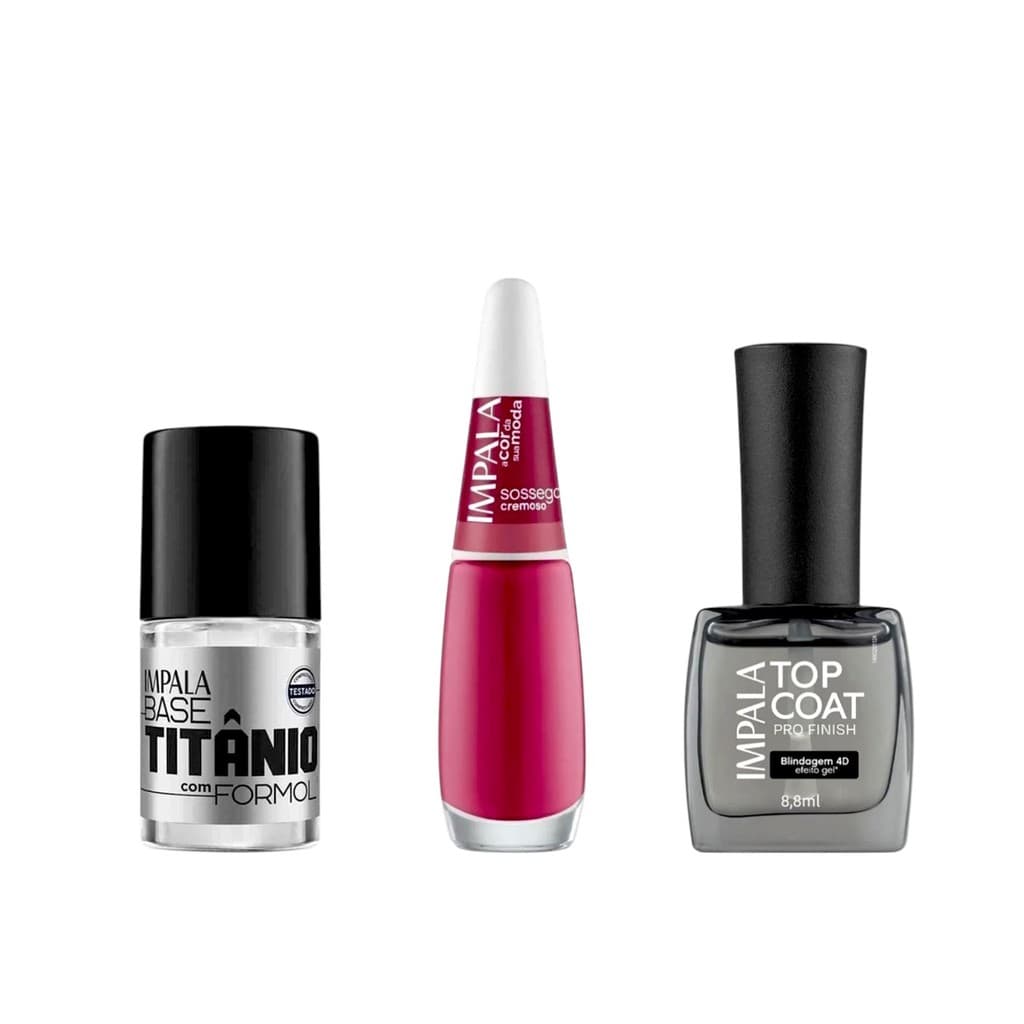 Kit  Base Titânio + Esmalte Sossego +Top Coat Blindagem Efeito Gel Impala