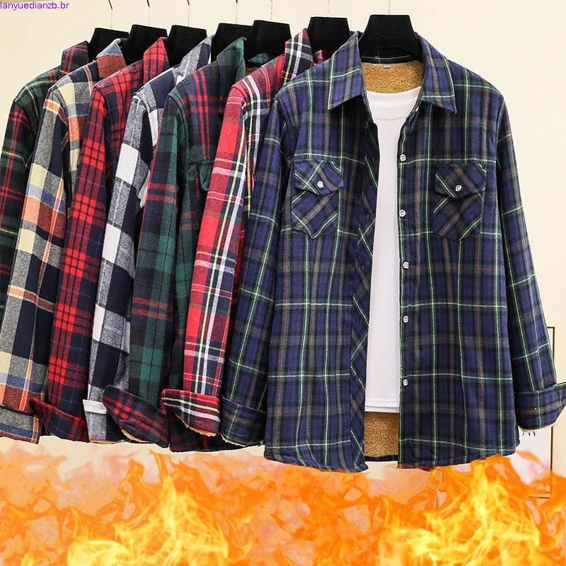 Csa De Flanela Quente Grossa Feminina Manga Comprida Xadrez Forrado De Lã Casaco De Moda De Inverno Grande
