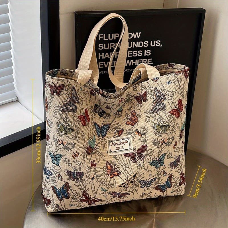 Bolsa Tote Feminina com Estampa de Borboleta Vintage, Novo Modelo 2024, Grande Bolsa Reutilizável para Compras, com Bols