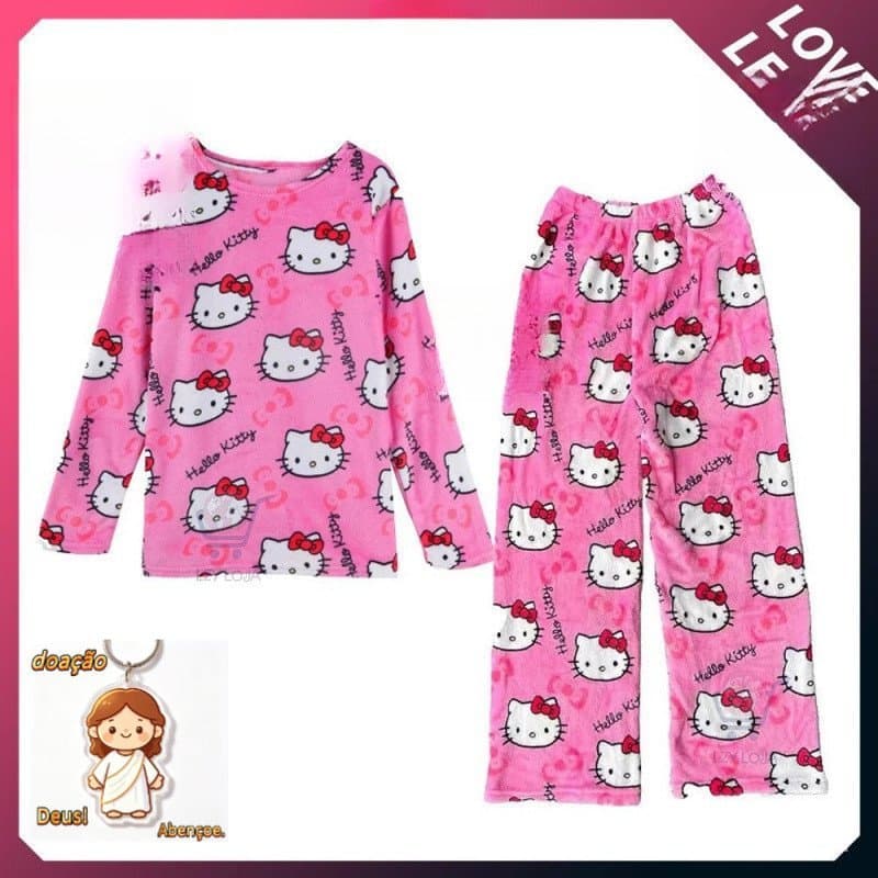 【LIZIYI】2025 Sanrio Hello Kitty Flanela Pijamas Feminino Conjunto Quente Pjs Casual Casa Calças De Manga Longa Inverno M