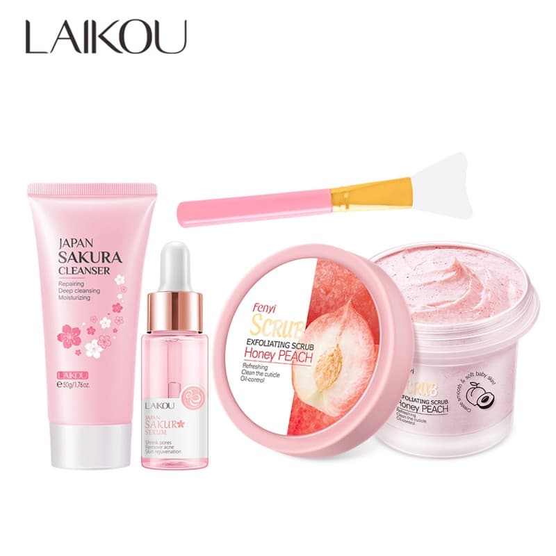 Conjunto de Cuidados com a Pele LAIKOU Sakura: Sérum Facial 17ml, Limpador 50g, Esfoliante Corporal de Pêssego 100g e Es