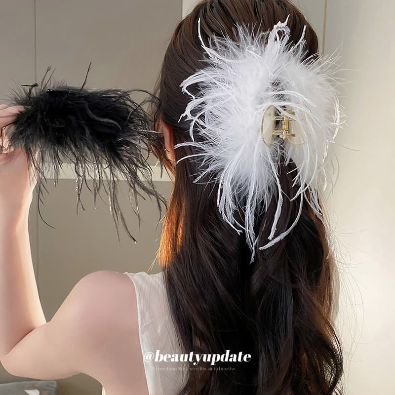 Outono inverno Super fada avestruz grampo de cabelo nicho Design High-End ins Grab clip volta cabeça cabelo tubarão clip