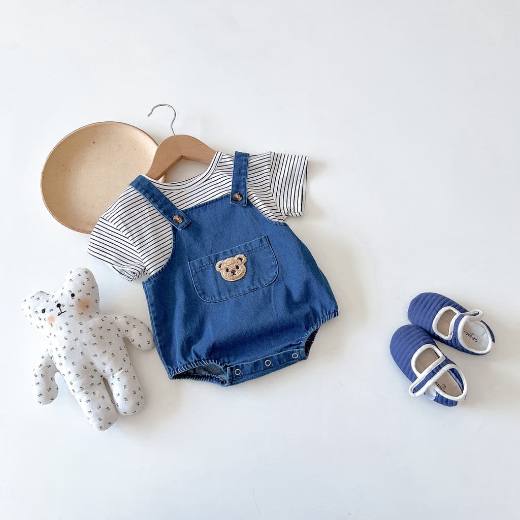 Macacão de verão para bebês, macacão jeans listrado de manga curta, roupas de bebê