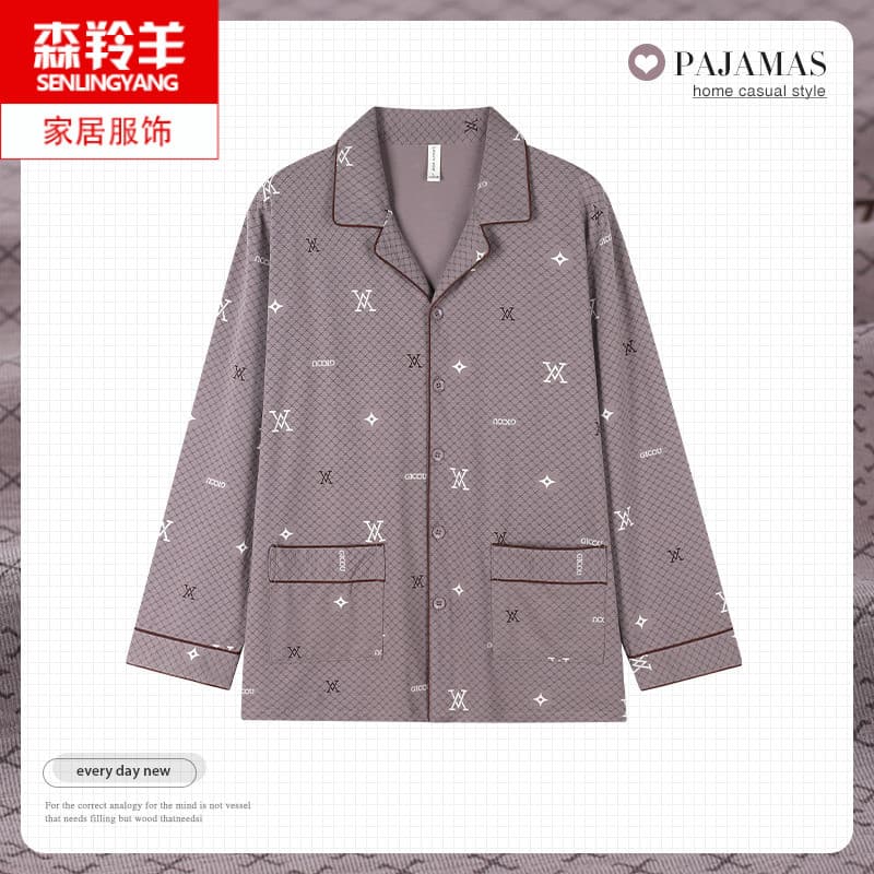 Pijama cardigã de algodão puro de manga comprida masculino de meia-idade primavera outono estilo fino El de meia-idade