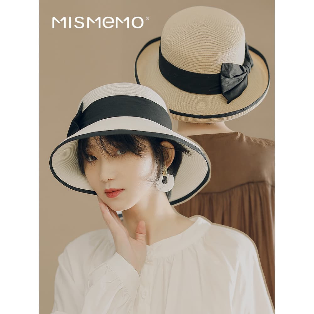 MISMEMO Chapéu de palha lavável feminino primavera verão dobrável arco chapéu de sol francês Retro Curling balde chapéu