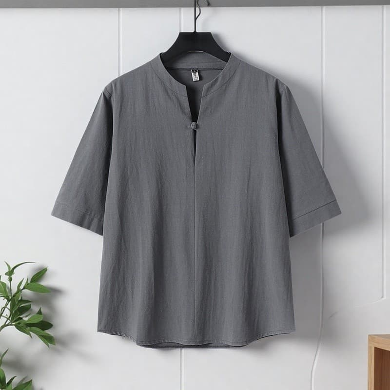 Camiseta masculina de linho de manga três quartos de manga curta solta Retro estilo chinês verão com decote em v algodão