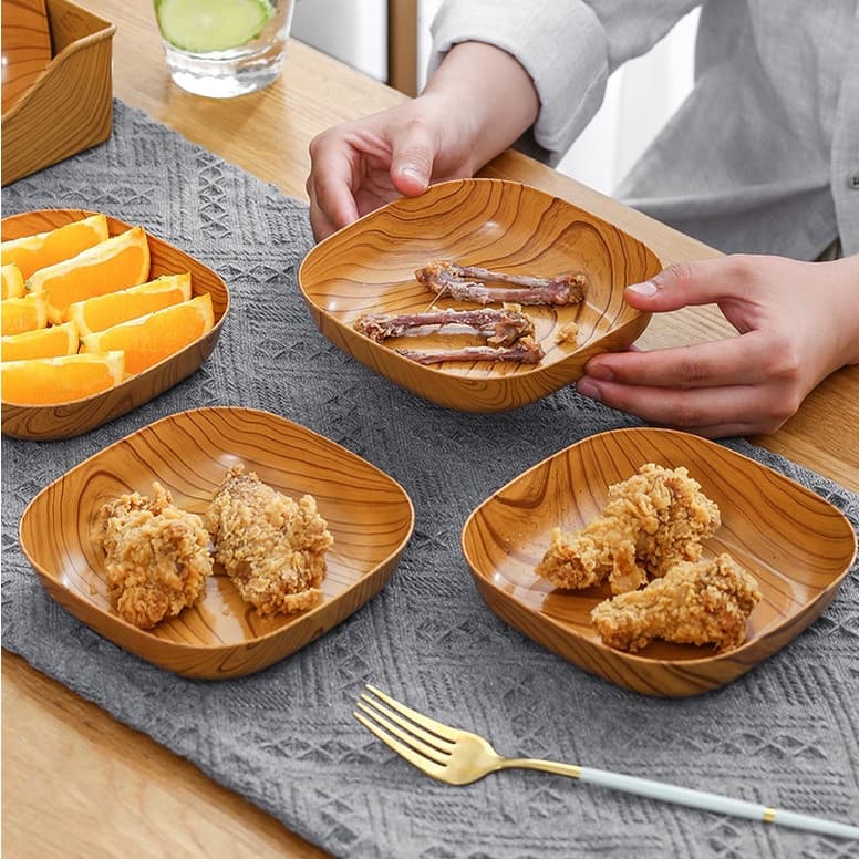 Bandeja criativa de plástico com imitação de grão de madeira em estilo japonês, para lanches, frutas e organização de me