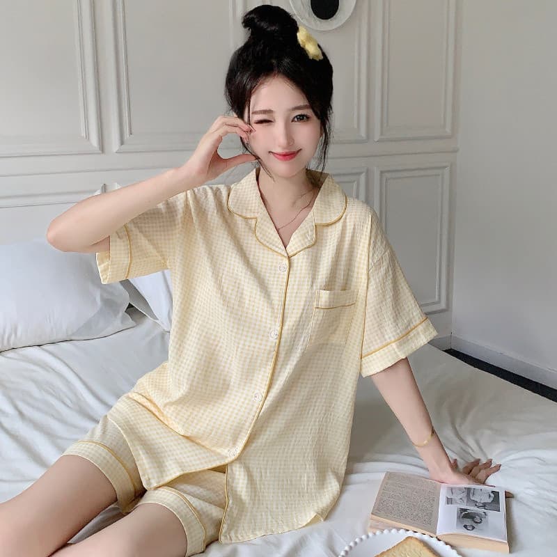 🚀Envio Rápido🚀Conjunto de pijama de alta qualidade roupa de casa em algodão macio conjunto de três peças de manga curta