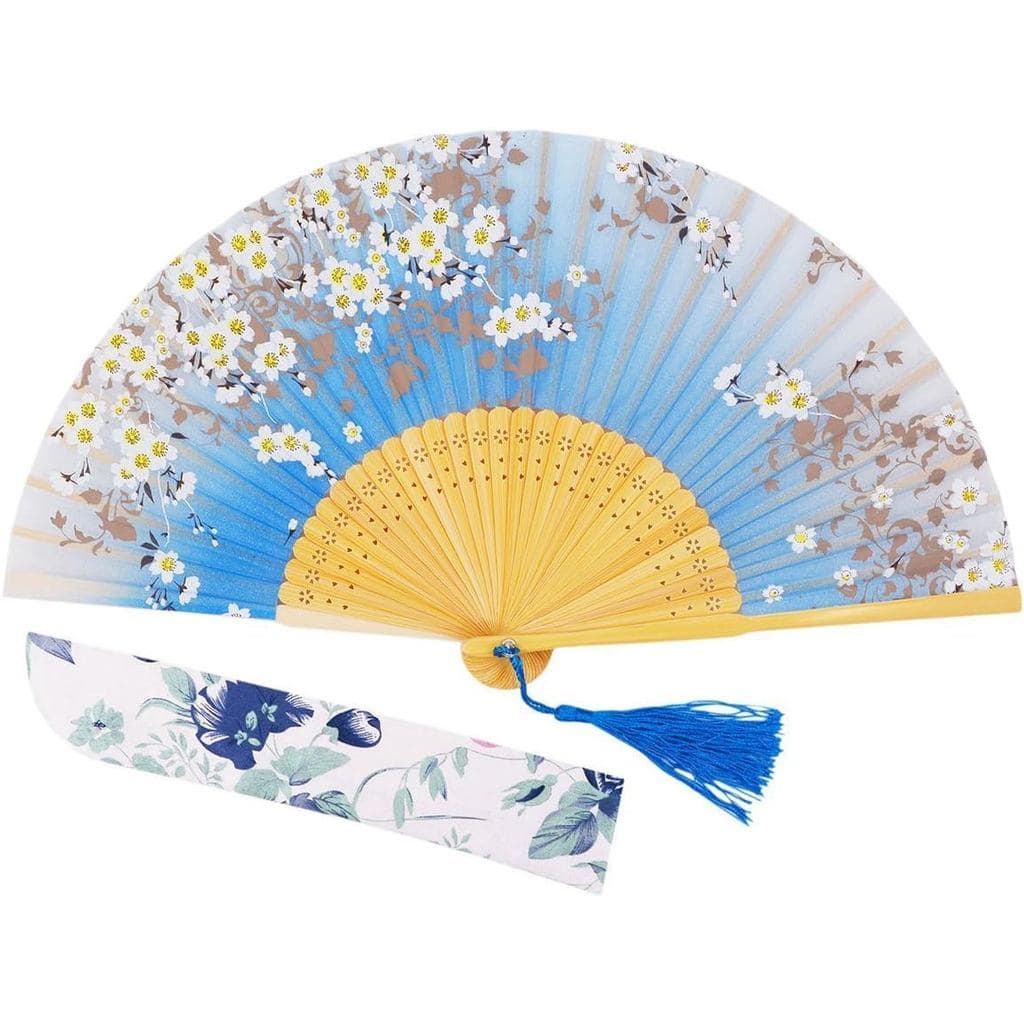 Encantador e Elegante Leque de Bolso Dobrável de Seda de Bambu Feito à Mão para Mulheres Modernas, 8,27" (21cm) (Azul) 4