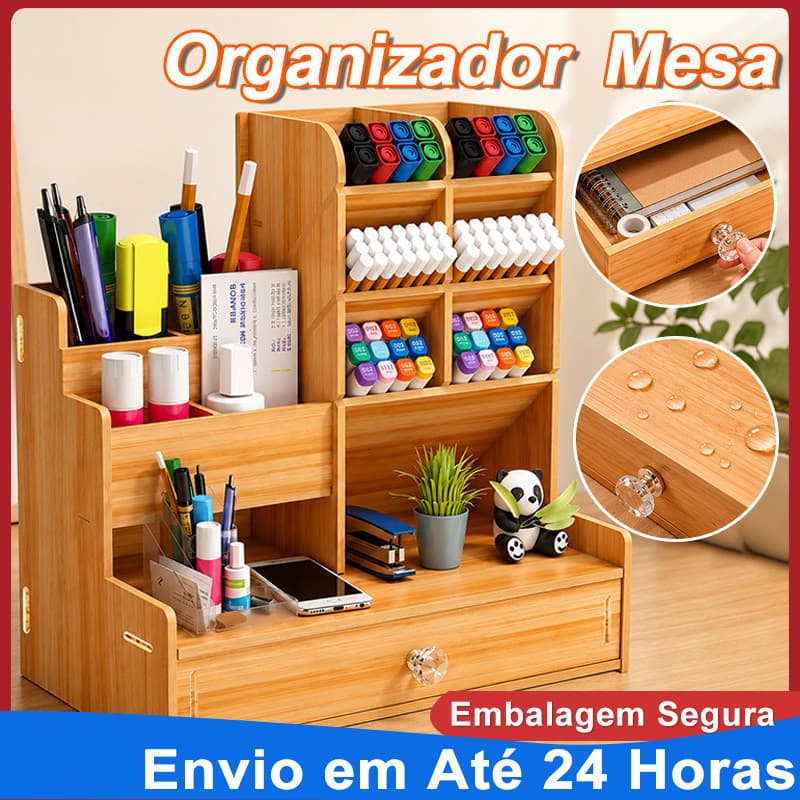 Organizador de Mesa Escritório Mdf Multiuso com Gaveta Nicho e Porta Canetas