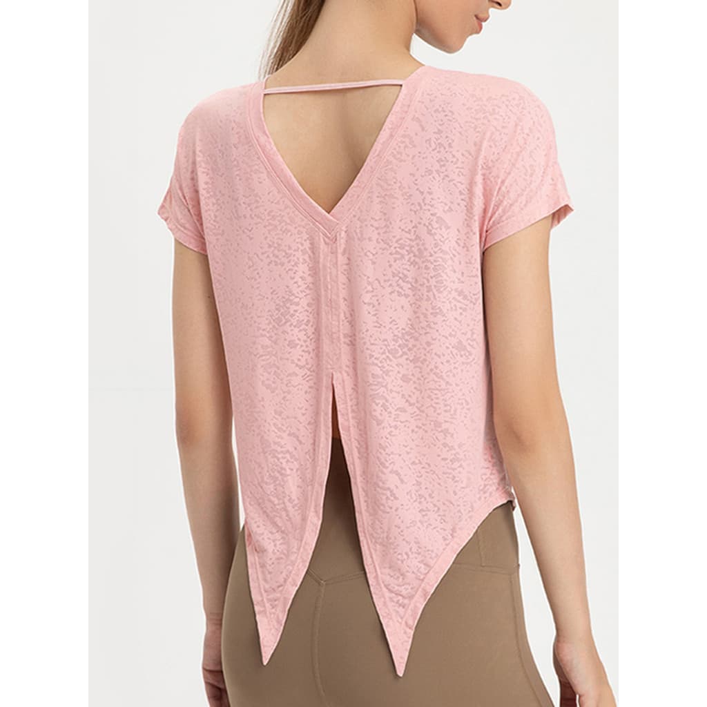 Tuxtail fenda atada Yoga Wear camiseta de manga curta feminina verão absorvente de umidade Wicking secagem rápida solto