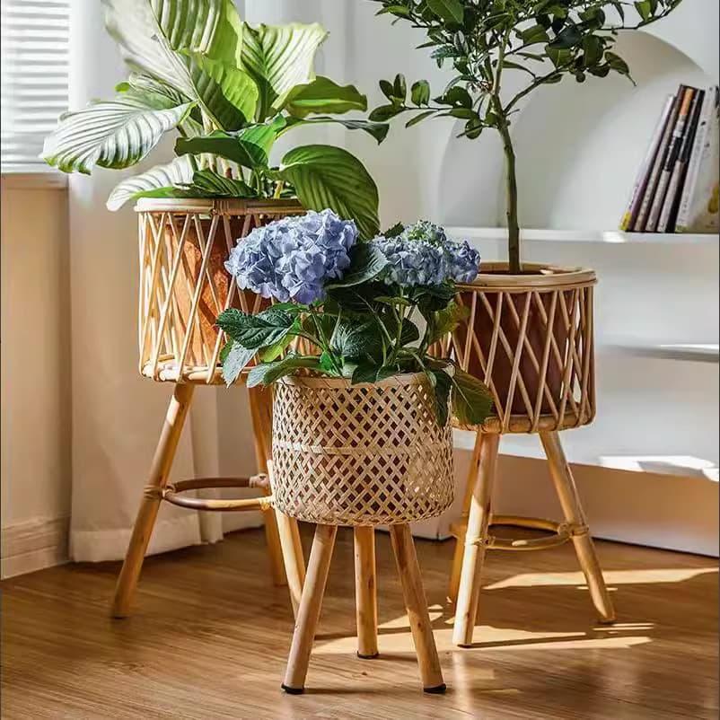 Nordic madeira maciça Rattan flor suporte sala de estar sofá mesa lateral piso bambu tecido prateleira canto varanda vas