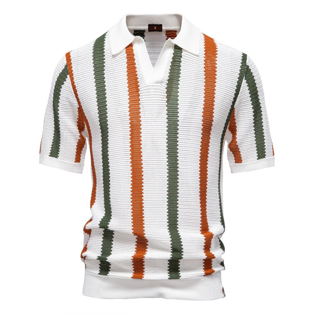 Camisa polo masculina camisa polo verão respirável oco de manga curta polo camisola listrada tamanho europeu camisa polo