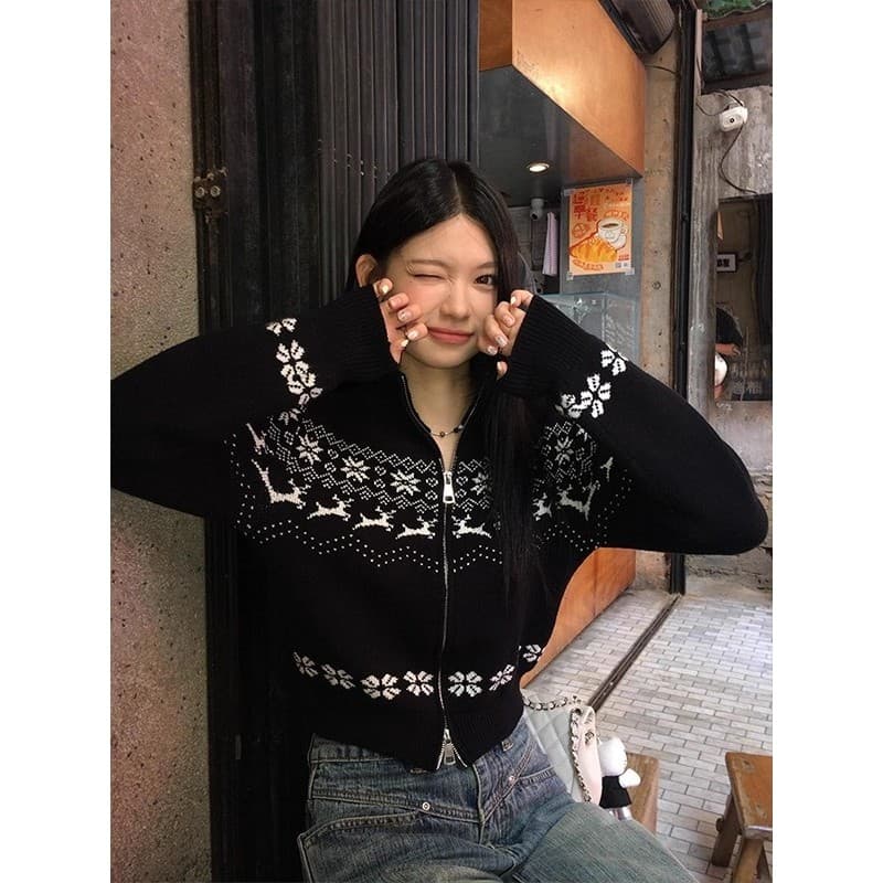 Retro natal Phil ilha duplo zíper preto camisola Cardigan jaqueta feminina inverno pequeno curto malha topo
