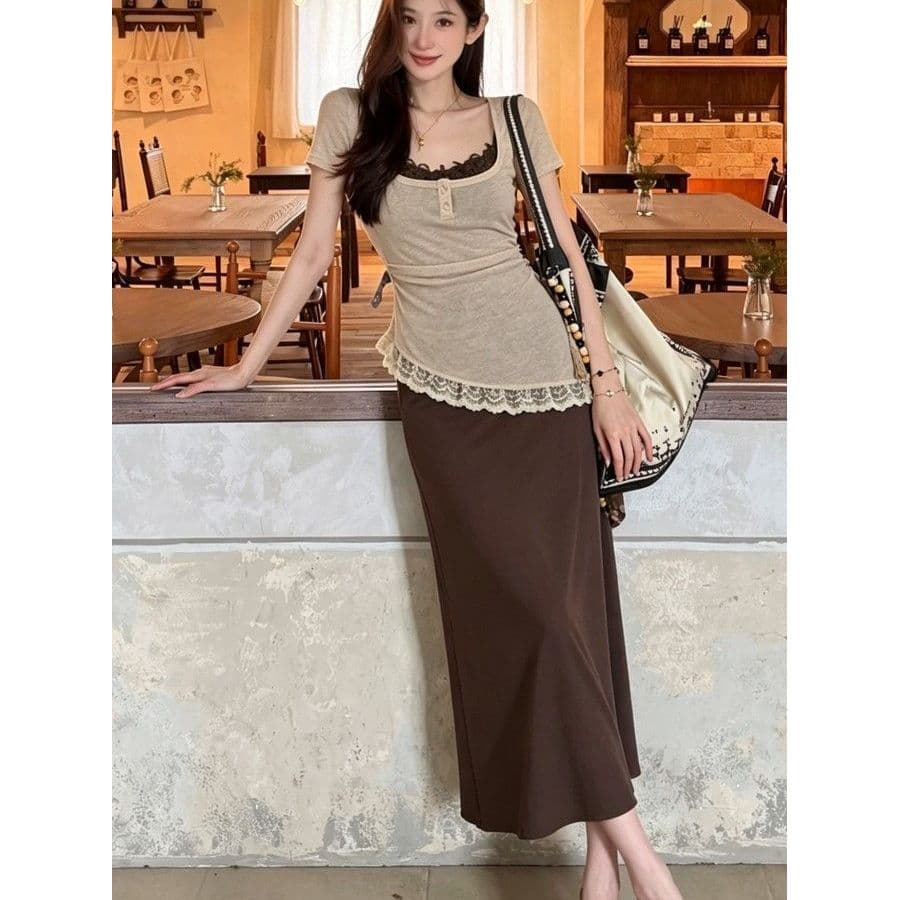 Blusa de manga curta de renda francesa topo verão cintura estreita estilingue vestido viagem todos os dias All-Match mod