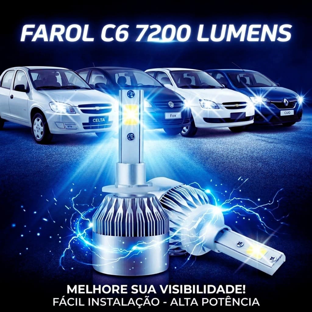 Par Lampada Farol Milha Super Led Carro C6 H1/H3/H4/H7/H11/HB4 6000k Efeito Xenon