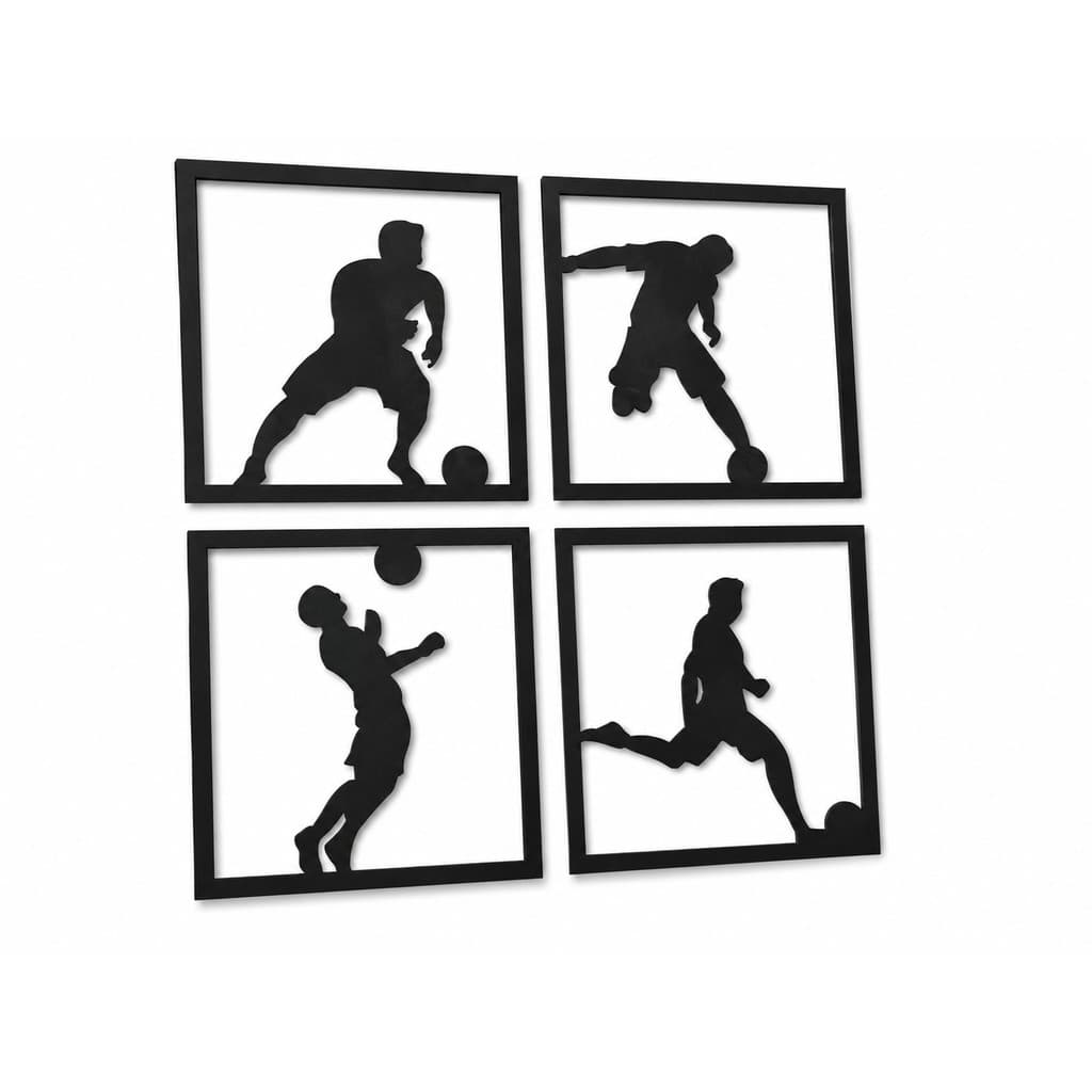 Kit Decorativo Futebol 4 Quadros MDF Preto 3mm Jogadores Bola Decoração Para Sala Quarto