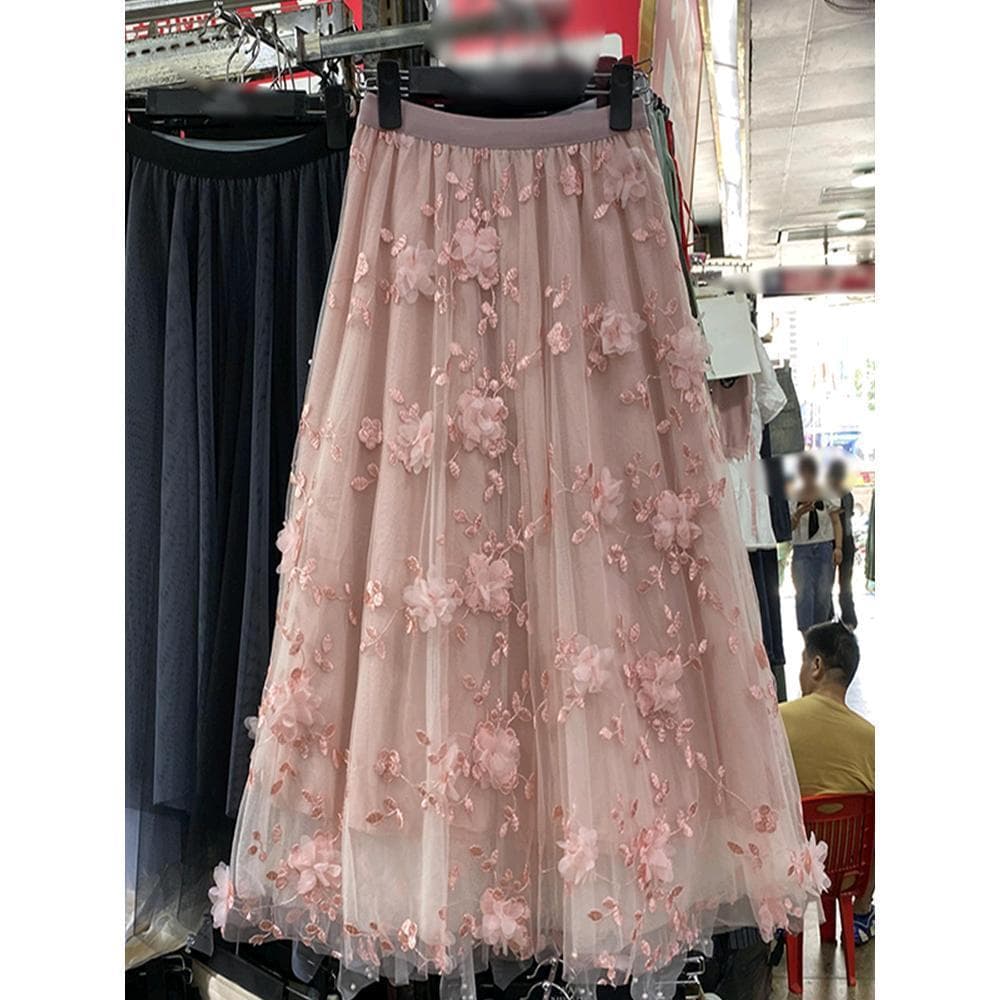 Francês high-End rosa tridimensional bordado gaze saia feminina verão cintura alta mais magro olhar saia de comprimento