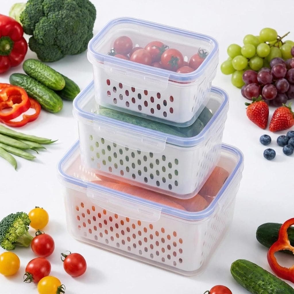 Recipientes 4 em 1 para Conservação de Alimentos, Recipientes Selados com Cesto de Drenagem, Organizadores Empilháveis p