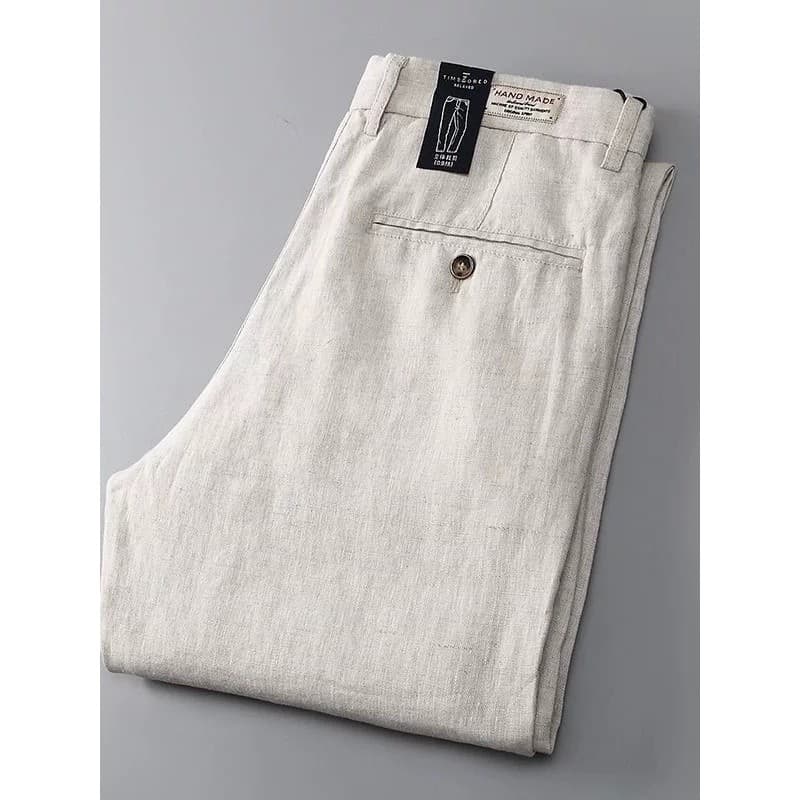 Calças de linho masculinas High-End cintura elástica rendas calças casuais verão estilo fino solto em linha reta respirá