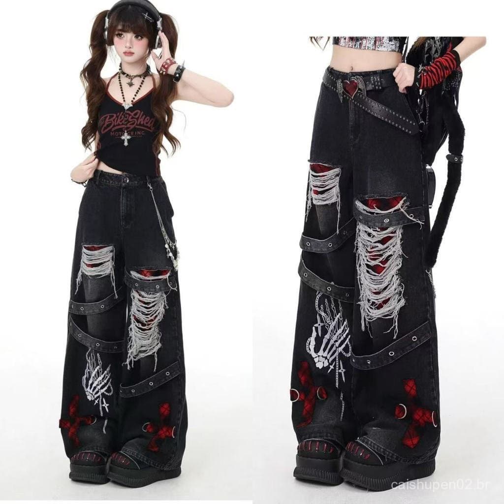 Calças Jeans Rasgadas Estilo Punk Retro Japonês, Subcultura Y2k, Calças Largas Estilosas para Meninas KXBR