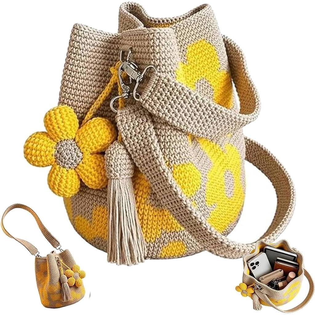 Bolsa de Crochê Artesanal com Flores, Bolsas de Crochê para Mulheres, Bolsa Transversal Floral Boho, Bolsa de Ombro para