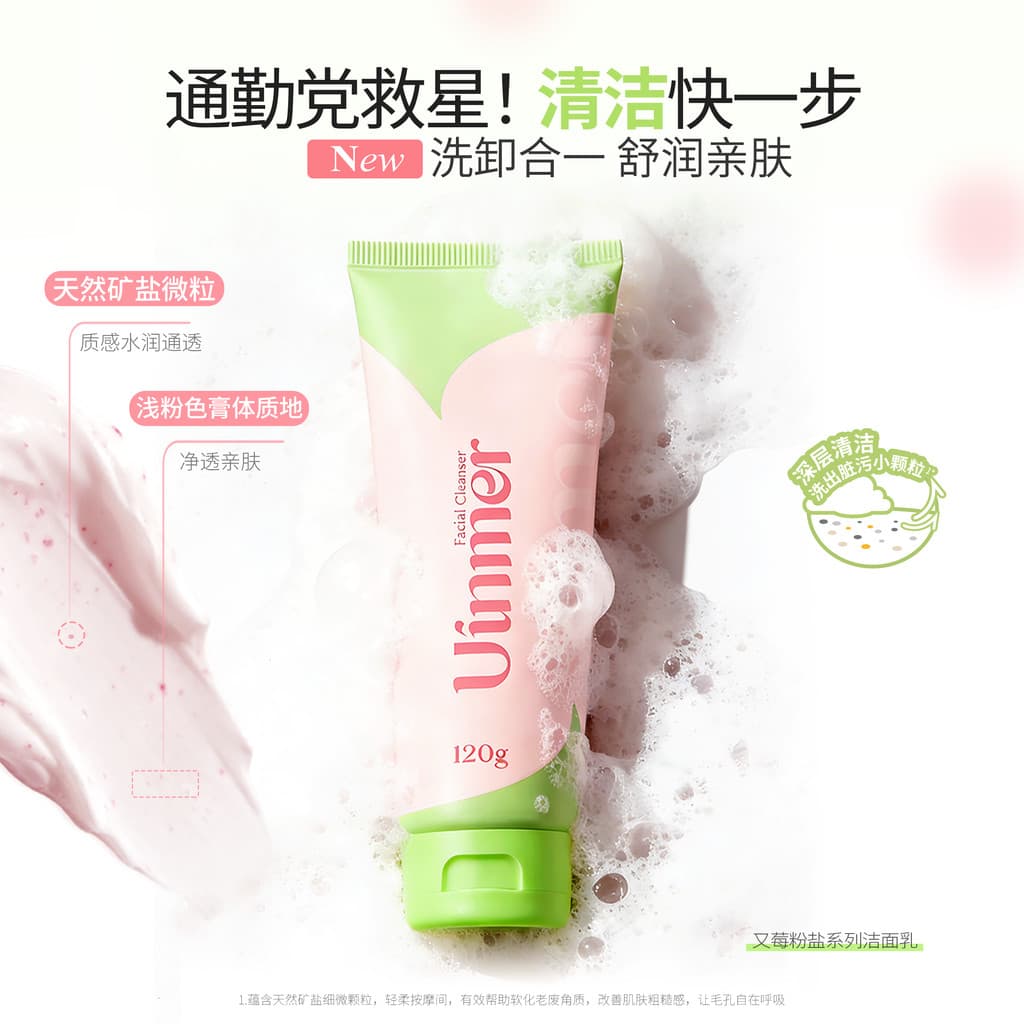 Uinmer e Berry em pó sal limpador facial espuma de limpeza diária rica em Mineral limpador facial não apertado queratina