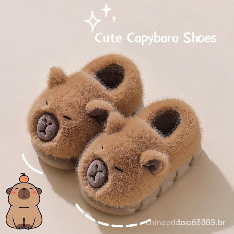 Pantufas de Algodão de Capivara Fofas para Crianças, Inverno, Interior, Antiderrapantes, Sapatos de Sola Macia para Meni
