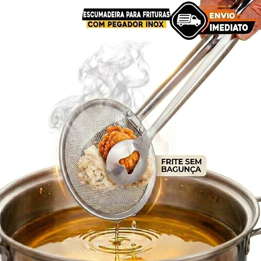 Escumadeira com Pegador Escorredor para Frituras em Inox envio rápido
