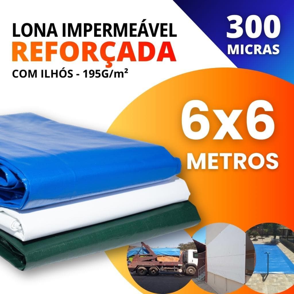 Lona Reforçada Impermeável 300 Micras 6x6 com Ilhós Multiuso Policarga (Diversas Cores)