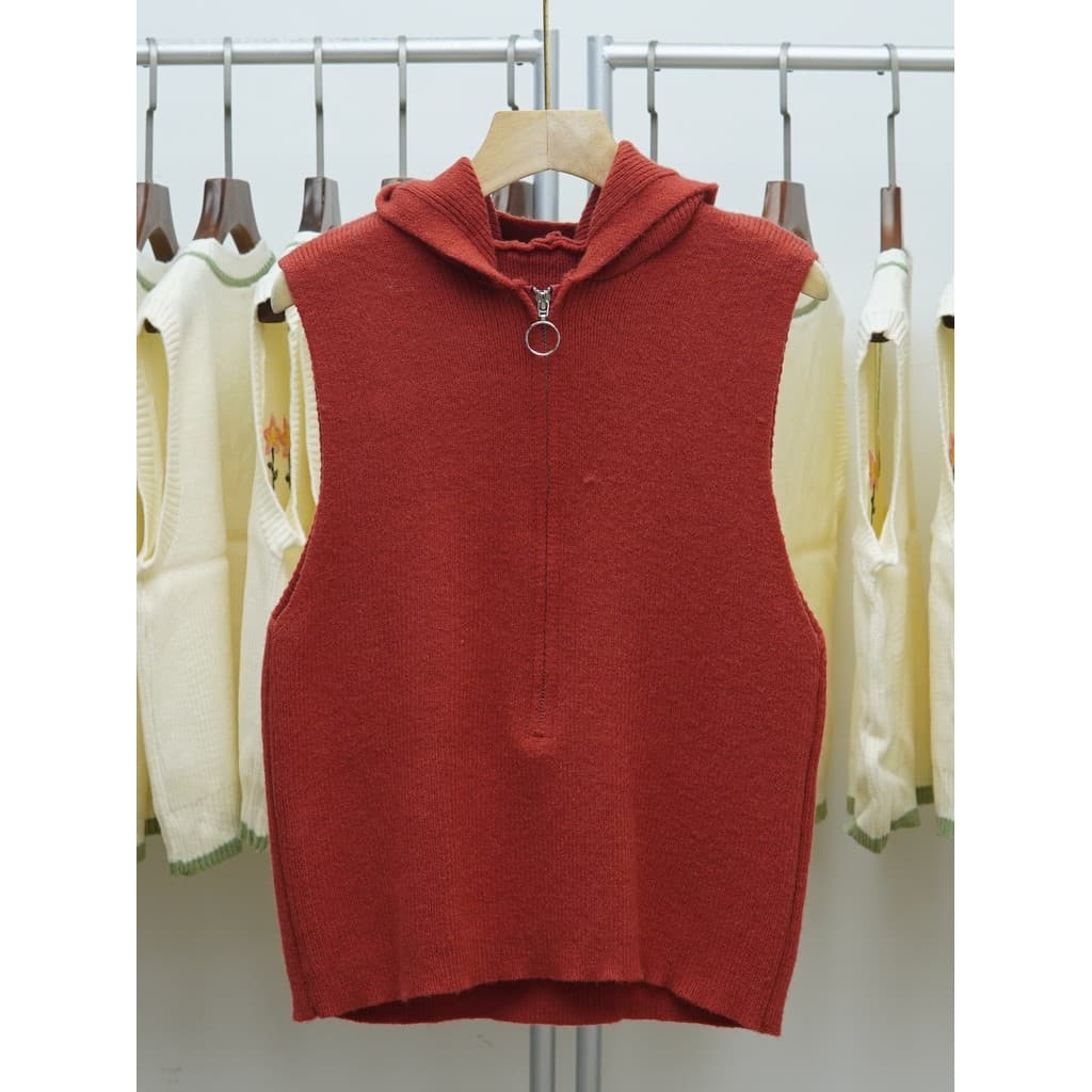 397 estilo Commuter com capuz zíper pulôver colete de malha feminino vermelho sem mangas All-Match Slim @