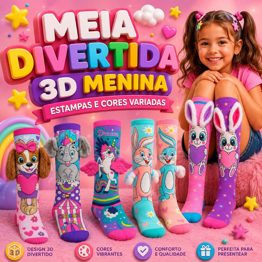 MEIAS DIVERTIDAS 3D INFANTIL JUVENIL PRESENTE PARA CRIANÇA